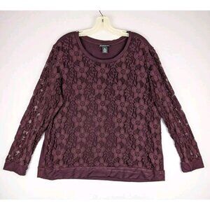 Adrianna Papell Top XXL‎ Merlot Long Sleeve Floral Lace Sheer Sleeve